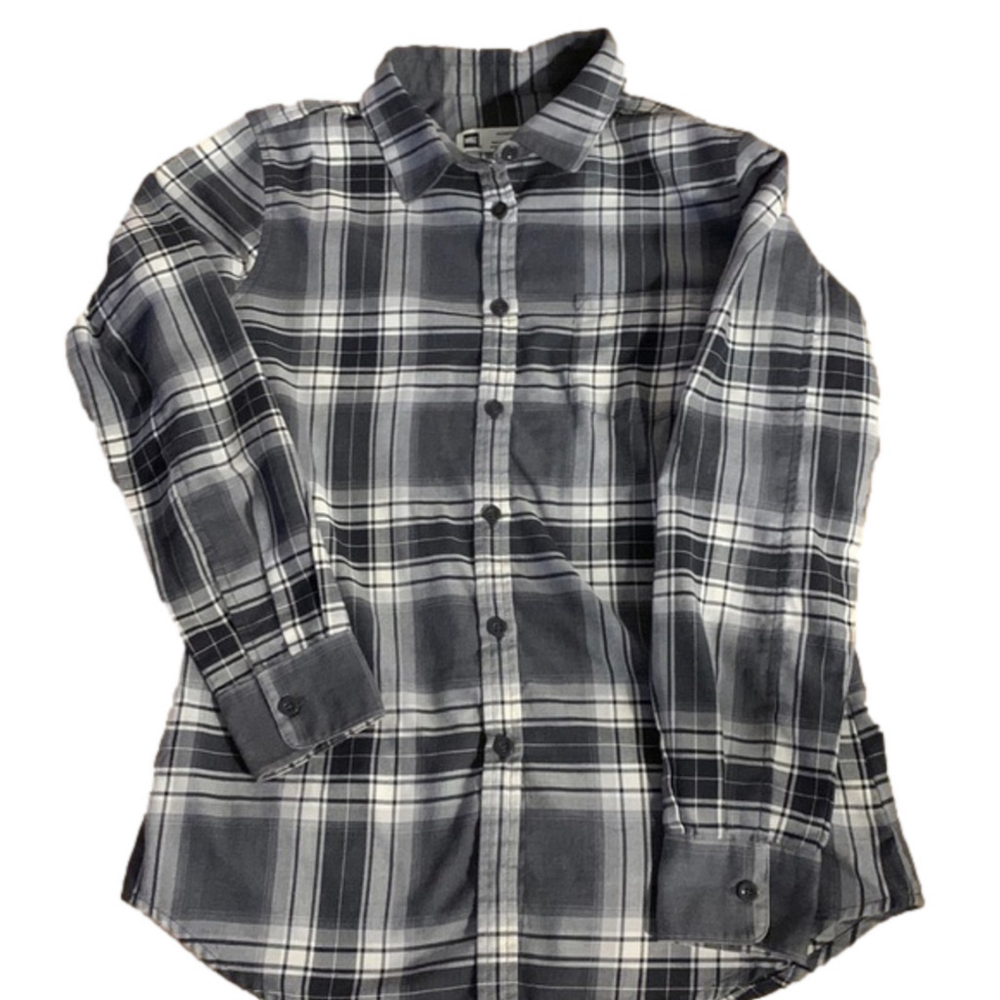 MEC grey, white and black plaid button up shirt medium